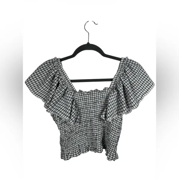 Maeve Anthropologie Smocked‎ Gingham Crop Top Women’s Small White Off Shoulder - Image 4
