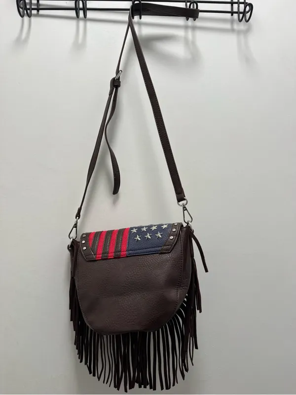 Brown faux leather Rodeo Fringe American Flag crossbody bag charming charlie - Image 6