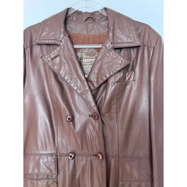 1970s The Tannery For Montgomery Ward Brown Leather Trench Coat M Long Coat - Image 12