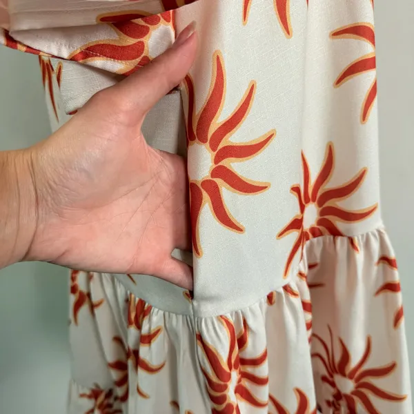 Petal & Pup Ren Soleil Sun Print Mini Dress Ruffle Bell Sleeve Cream Orange Med. - Image 7