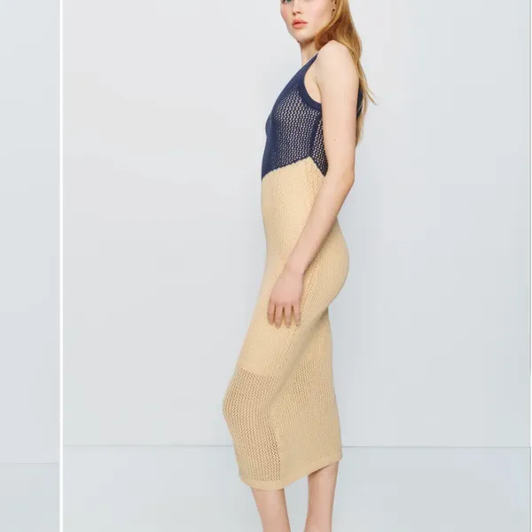 Toccin Blue Cream Crochet Midi Tank Dress SMALL Colorblock Knit Vacation $325 - Image 2