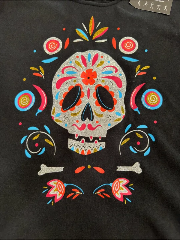 Black Crewneck Sweatshirt with Colorful Sugar Skull Graphic over size - Image 3