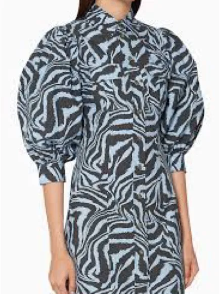 Ganni Blue and Black Zebra-Print Puff-Sleeve Mini Dress - Image 2