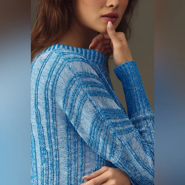 Anthropologie Pilcro Blue Textured High-Low Relaxed Pullover Sweater Size M‎ - Image 5