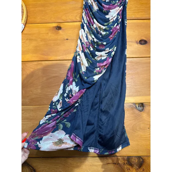 NWT Lulus Averie Navy Floral Mesh Strapless Maxi Dress Ruched Bodycon Cruise L - Image 5