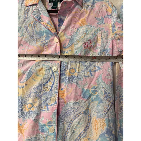 Lauren Ralph Lauren Pajama Set Womens Medium Pink Paisley Cotton 3/4 Sleeve Crop - Image 6