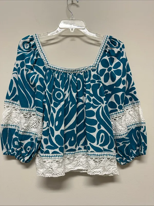 Rachel Zoe Teal Printed Peasant Linen Top with Lace Trim 3/4 Sleeves size L - Image 6