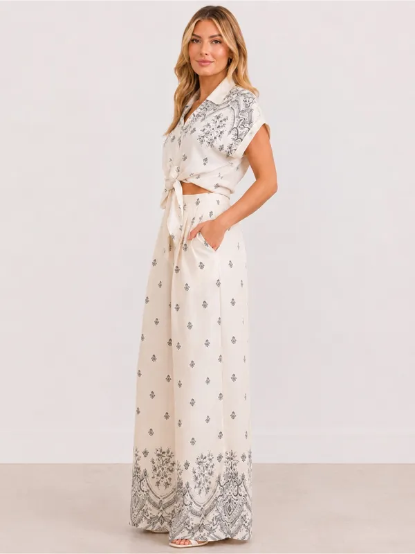 Cream Printed Wide-Leg Two-Piece Pant Set Large - Image 3