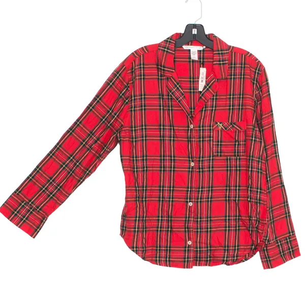 NWT Victorias Secret Pajama Top Cottage Dark Academia Button Up Plaid Red Medium - Image 5