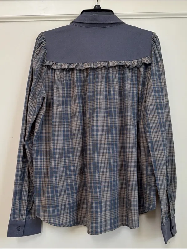 in february Moonlight Blue Plaid Mixed Media Ruffle Yoke Cotton Top Size M NWT - Image 7