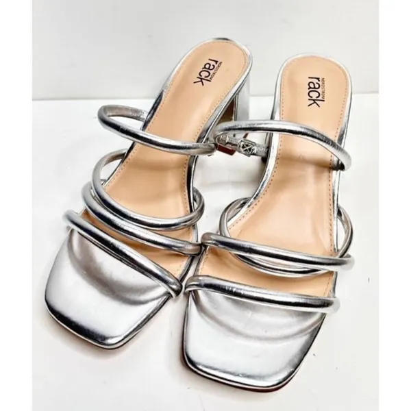 Nordstrom Rack Silver Metallic Strappy Square Toe Block Heel Sandals‎ Size 6 - Image 3