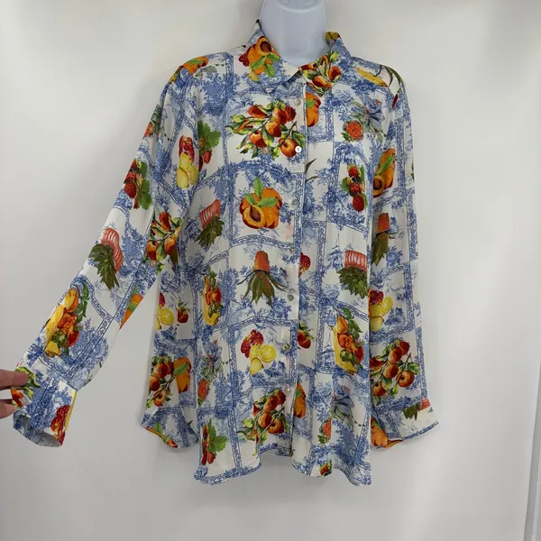 Rose + Olive Fruit Toile Button Shirt Sz L Euro Summer Cottage Resort Peaches - Image 5