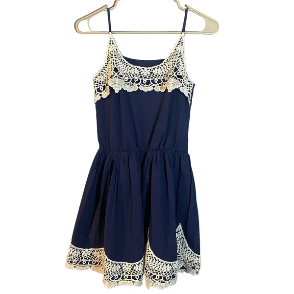 Navy Blue & Lace Embroidered Applique Sleeveless Fit & Flare Dress Women Sz S - Image 10