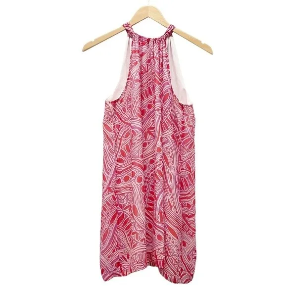 Trina Turk Dress 100% Silk Halter A-Line Mini Red Pink Tribal Print Size Medium - Image 2