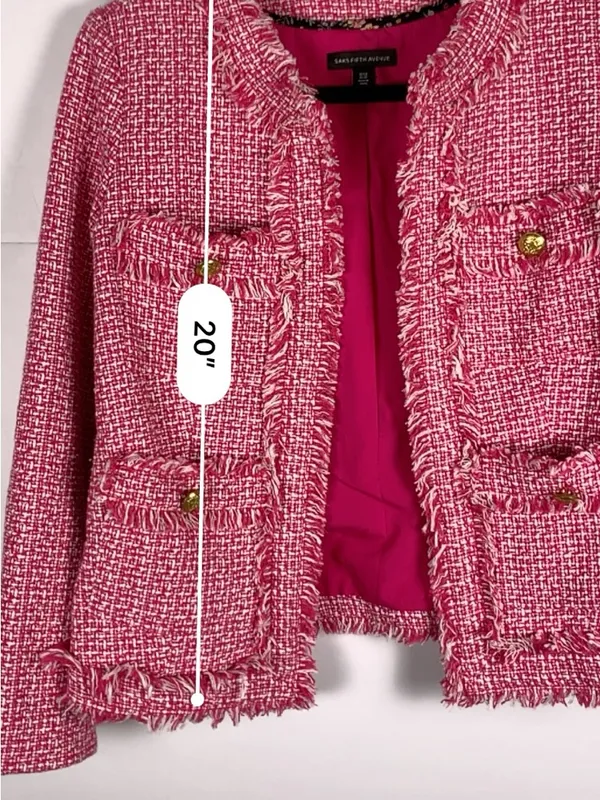 Saks Fifth Avenue Tweed Jacket XS Pink Frayed Trim Open Front Blazer - Image 14