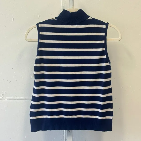 Rafiana Navy White Striped Sleeveless Mock Neck Knit Top Gold Button Detail M - Image 2