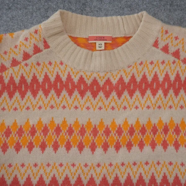J. Crew XS 100% Cashmere Sweater Cream Orange Fair Isle Cozy Fall Winter - Image 2