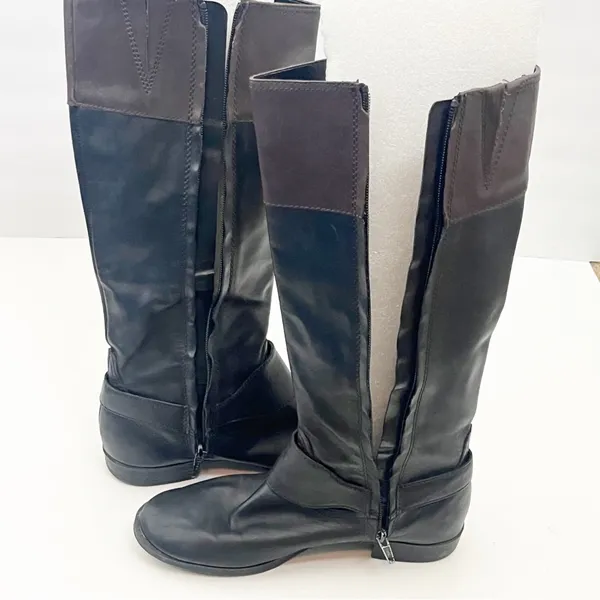 RALPH LAUREN Sulita Leather Black Brown Harness Zipper Knee High Riding Boots 7 - Image 3