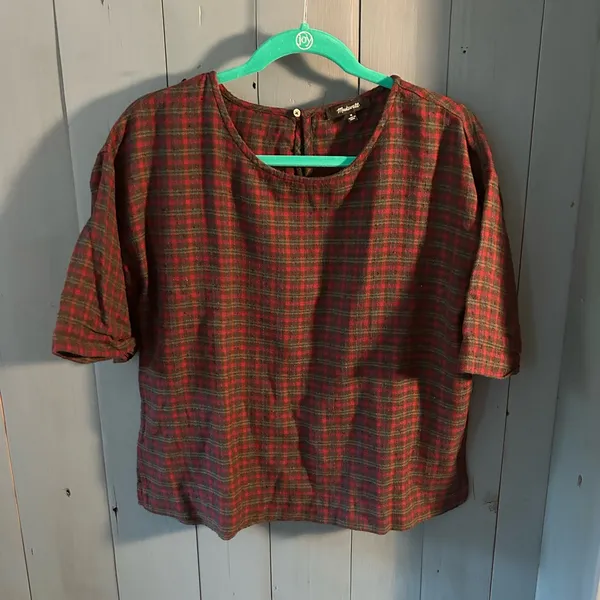 Madewell Tartan Plaid Short Sleeves-Rolled Cuff Top in Red and Green | Sz Medium - Image 2