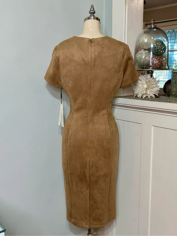 Calvin Klein Faux Suede Zip-Front Midi Dress Tan Camel Brown NWT Size 10 - Image 5