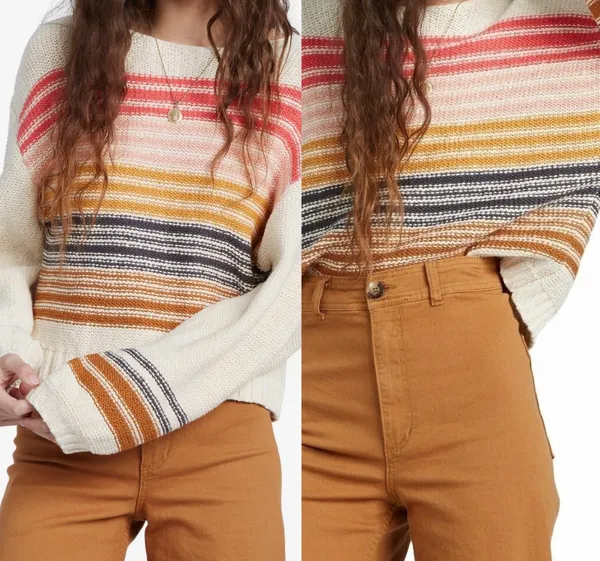 $60 PRE-OWNED Billabong Seeing Multi-Colored Stripes Cropped Pullover Sweater M - Image 3