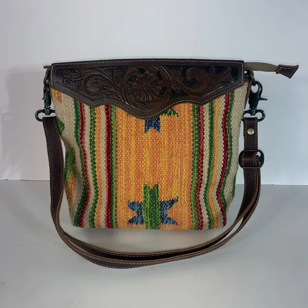 Myra handmade tooled bag leather & cotton carve detachable strap - Image 11