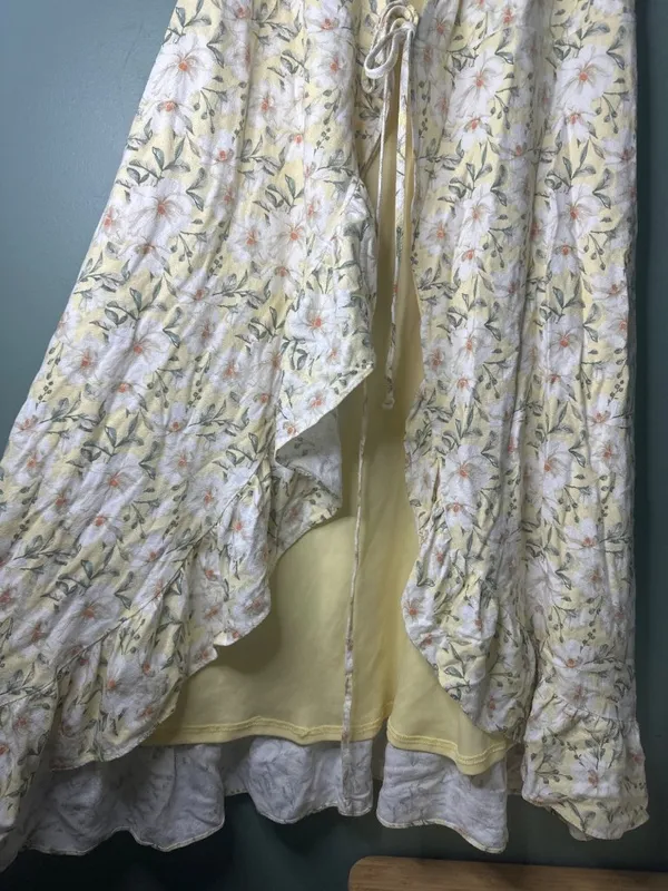 Francesca's Miami Floral Yellow Wrap Maxi Dress Cover Up Cottagecore Ruffle M - Image 3