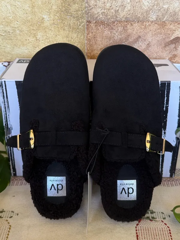 NEW DV Dolce Vita Faux Suede Clog Mule Gold Buckle Black Slide Slippers, Size 10 - Image 2