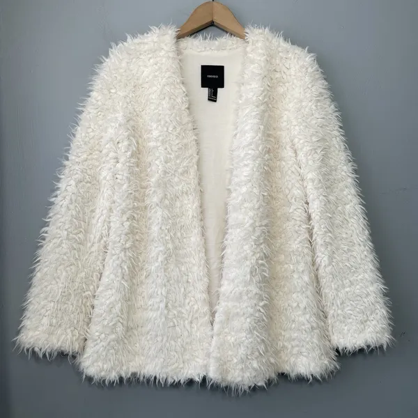 Forever 21 Teddy Jacket Size Small Creamy White Coat Faux Fur Shaggy Glam Chic - Image 2