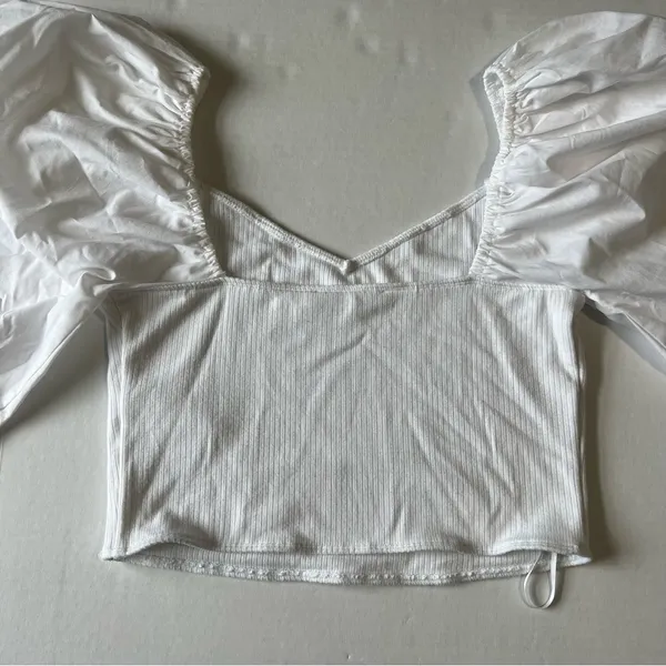 Abercrombie & fitch mixed media poplin puff long sleeve ribbed body crop top - Image 3