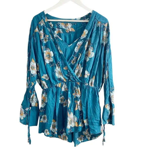 Free People Tuscan Dream Floral Tunic Dress V neck Blouse Teal Long Sleeve Femme - Image 8