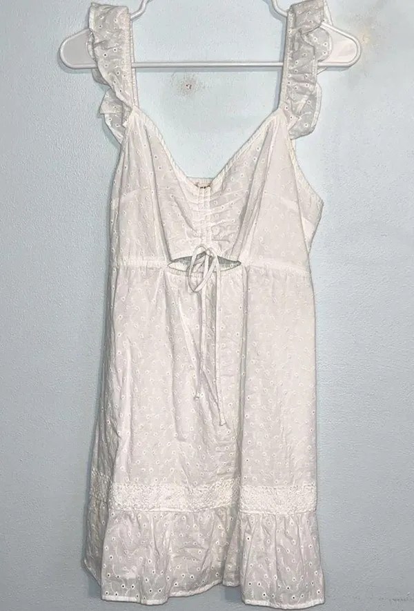 Women’s Live to be Spoiled white eyelet mini dress cut out and flutter sleeves - Image 2