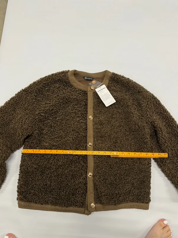 PrettyGarden Brown Sherpa Fleece Cardigan Gold Button Knit Trim Jacket Size L - Image 3