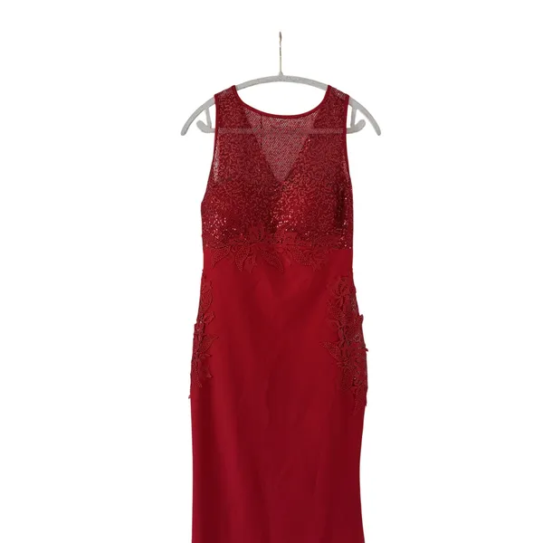 Red Sleeveless Sequin Evening Gown with Lace Detail - Image 4