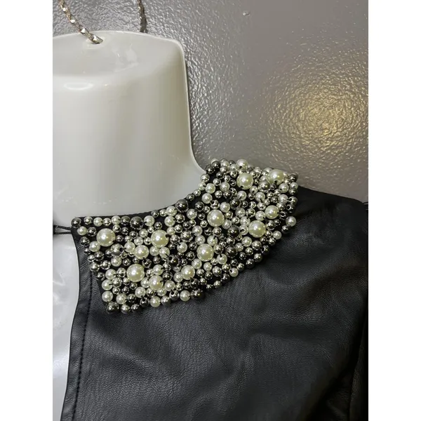 Maeve Blouse Womens XS Black Faux Leather Pearl Beaded Collar Cropped Zip Top - Image 6