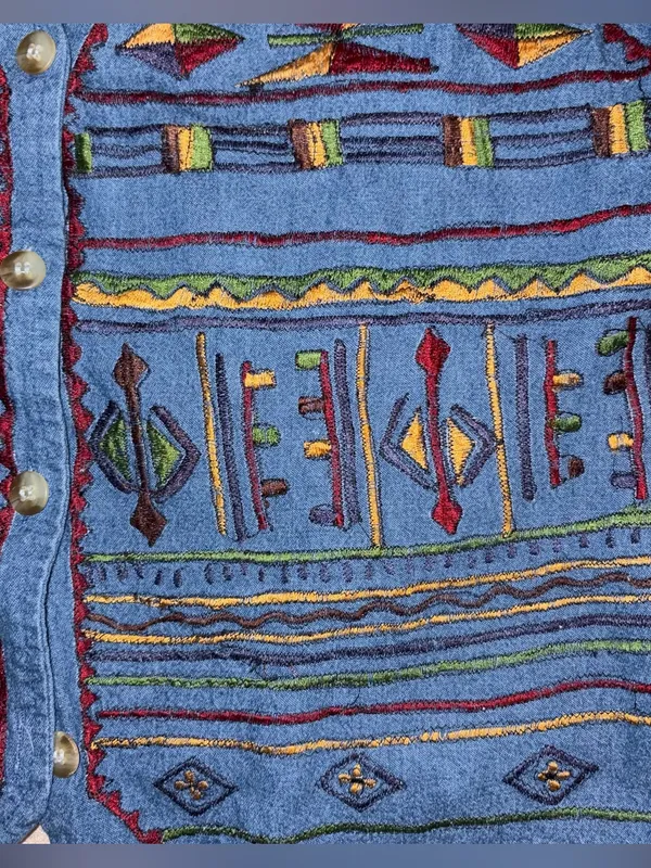 Vtg Asapo Western 100% Cotton Floral Tribal Embroidered‎ Denim Button Up Vest, M - Image 5