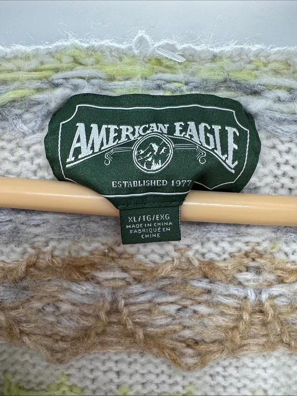 American Eagle Cozy Cream Fair Isle V-Neck hooded Sweater wool blend XL winter - Image 6