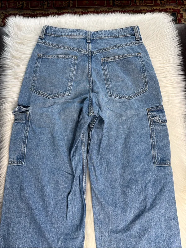 H&M Divided Blue Denim Baggy Fit Cargo Jeans - Image 6