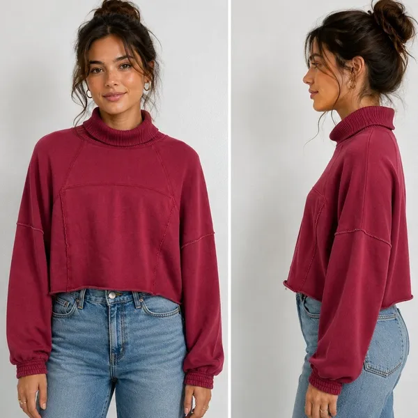 Aerie New Heights Cropped‎ Turtleneck Sweatshirt Burgundy Exposed Seam Raw Hem M - Image 2