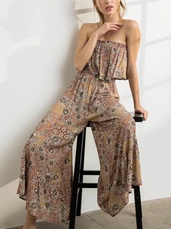ILLA ILLA Rust and Cream Floral Smocked Jumpsuit Size Small - Image 3