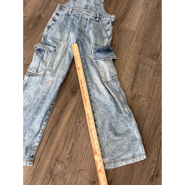 Vintage y2k Aerie Denim Cargo Overalls Light Wash Wide Leg Utility Dungarees S - Image 5