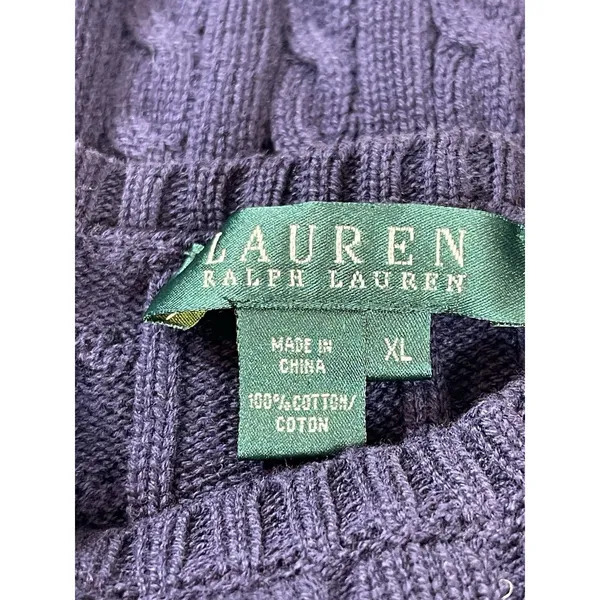 Lauren Ralph Lauren Cable Knit Sweater Deep Purple Cotton Crewneck Logo Preppy - Image 8