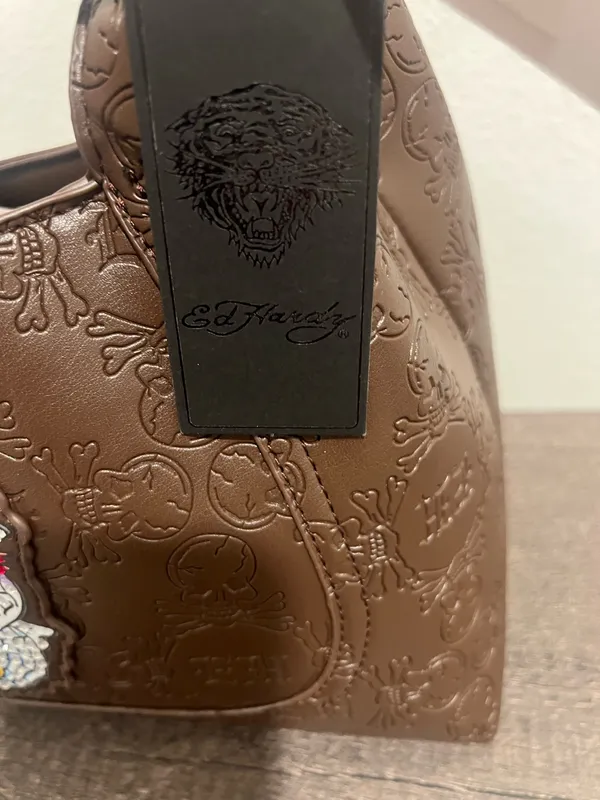 Chocolate Brown Embossed Shoulder Bag with Skull Patch by Ed Hardy - Image 5