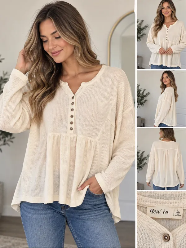 New In Cream Waffle Knit Babydoll Henley Top Size Large NWT - Image 2