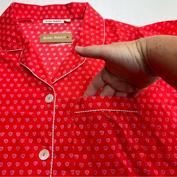 Roller Rabbit Red Pink Heart Button Front Nightgown Sleep Tunic Shirt Medium NEW - Image 9