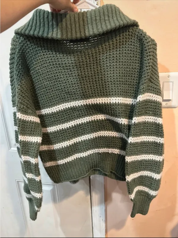 SO Olive Green and White Striped Zip-Collar Turtleneck Sweater - Image 4