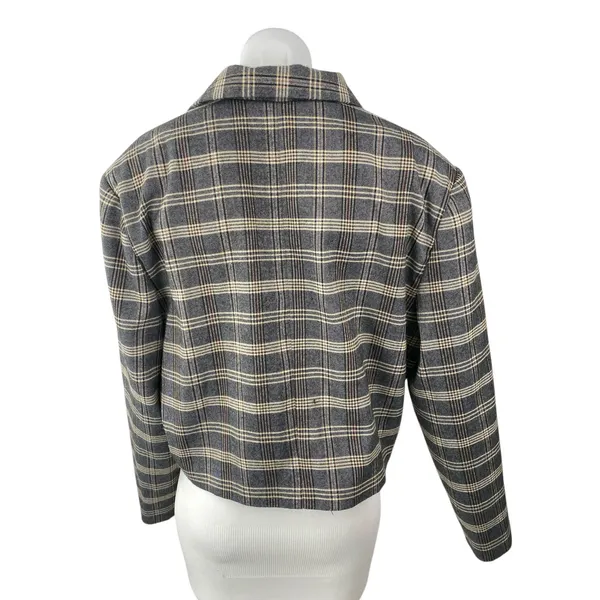 Oak + Fort Gray Plaid Check Notched Collar Long Sleeve Crop Blazer Coat Jacket M - Image 4