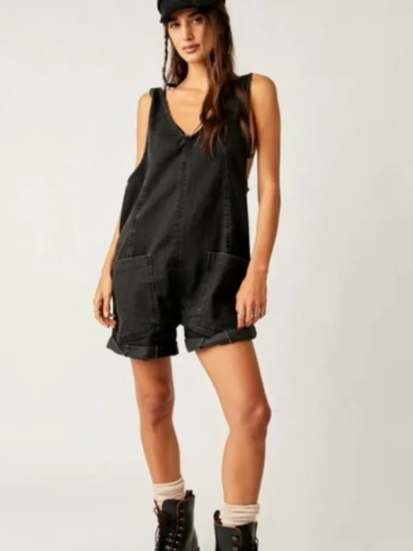 Free People We The Free Black High Roller Denim V-Neck Shortalls Overalls XS - Image 2
