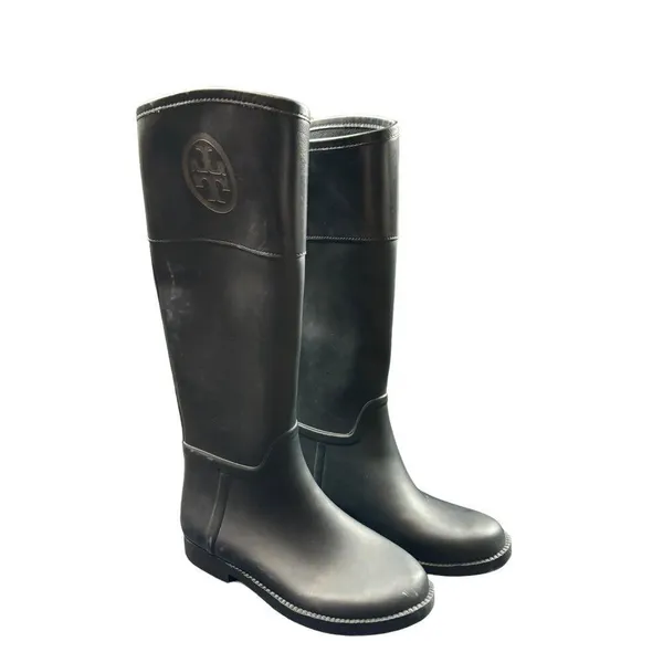 Tory Burch Women's Tall Black Rubber Leather Riding Boots Size 7M *note flaw - Image 12