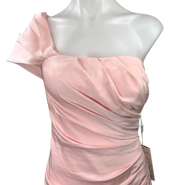 NEW Stacees Pink One Shoulder Drapey Square Neck Maxi Wedding Dress Size 6 - Image 3